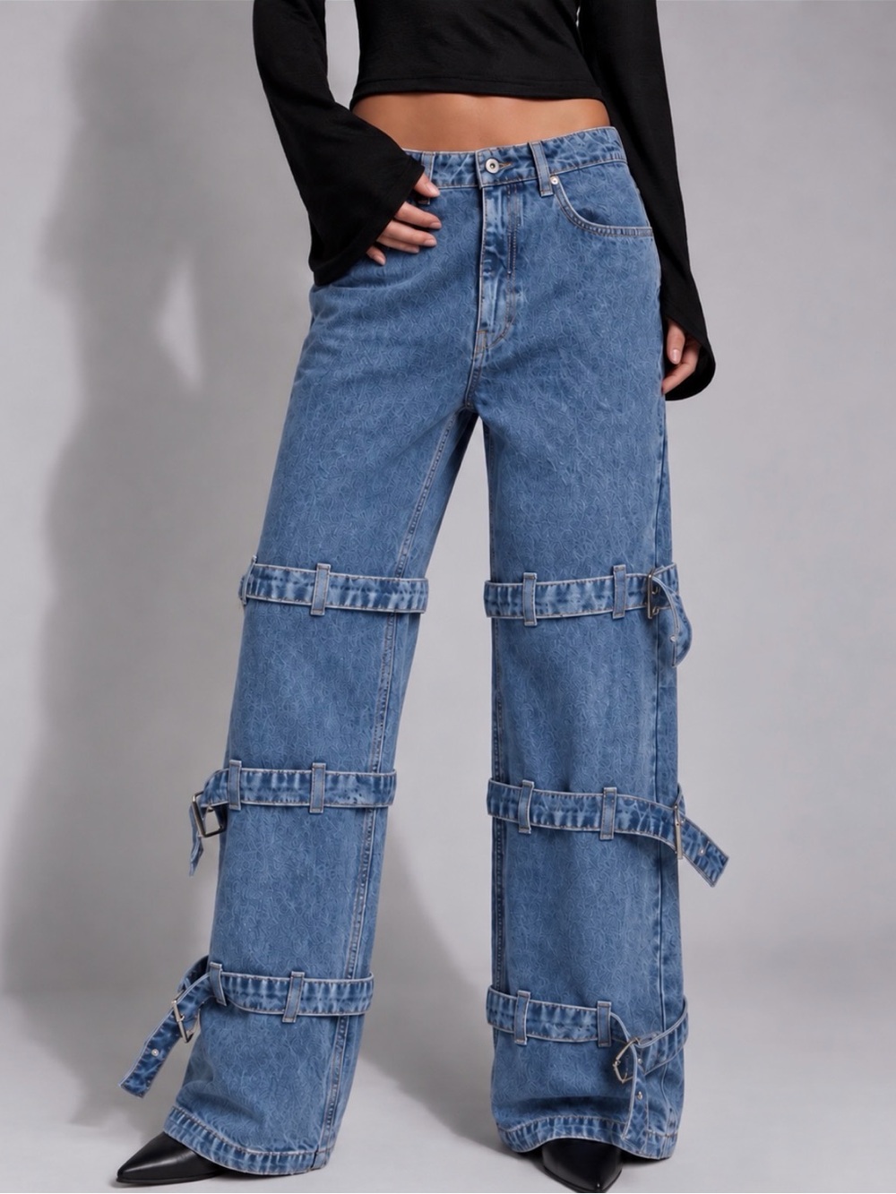 THE RAGGED PRIEST Buck Silver Buckle Strap Wide-Leg Jeans Size 30